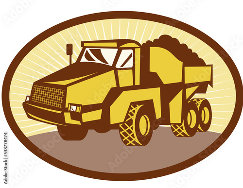 illustration of a mining Tipper dumper dump truck or lorry set inside an ovall done in retro woodcut style. photo