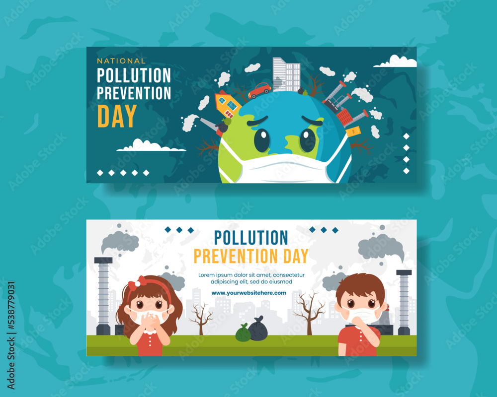 Fototapeta premium National Pollution Prevention Day Horizontal Banner Flat Cartoon Hand Drawn Templates Illustration