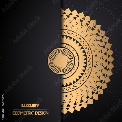 luxury ornamental mandala design background in gold color. Mandala vector round ornament luxury design. Golden ethnic element on black background. Hand drawn template for prints and decor