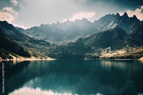 A calm lake in the mountains. Mountain lake water. Beautiful mountain lake landscape. Beautiful lake in mountains © 2rogan