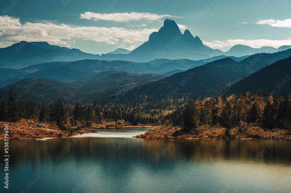 Naklejka premium A small mountain lake among the rocks. Beautiful mountain lake landscape. Amazing mountain lake panorama. Lake in mountains