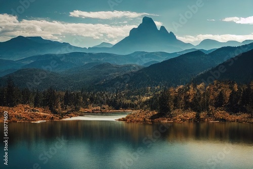 A small mountain lake among the rocks. Beautiful mountain lake landscape. Amazing mountain lake panorama. Lake in mountains