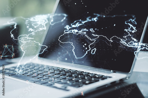 Multi exposure of abstract graphic world map on computer background, connection and communication concept