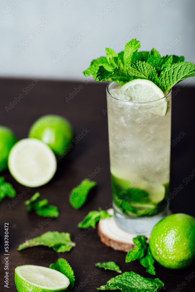 mojito cocktail with lime and mint leaves on a wooden table, refreshing cold drink with rum mojito cocktail with lime and mint leaves on a wooden table, refreshing cold drink with rum