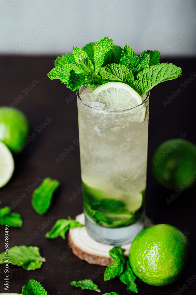 mojito cocktail with lime and mint leaves on a wooden table, refreshing cold drink with rum mojito cocktail with lime and mint leaves on a wooden table, refreshing cold drink with rum