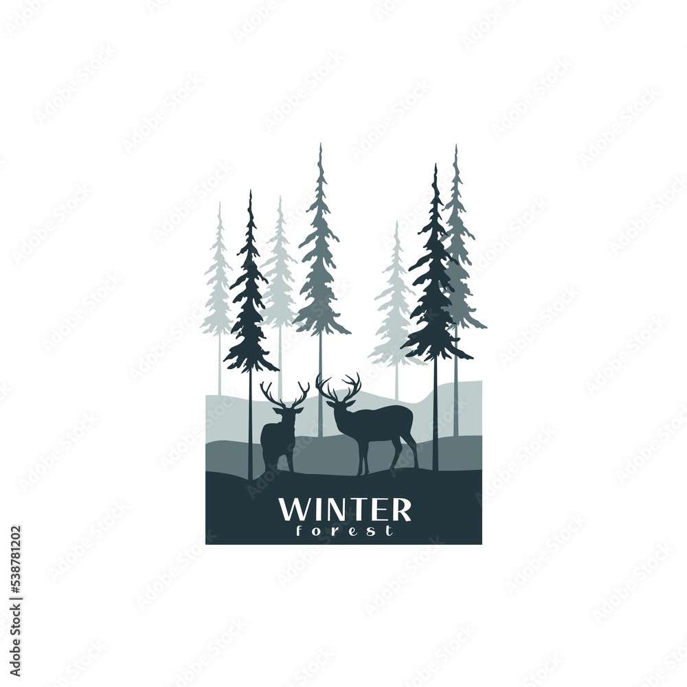 Deer Silhouette And Winter Pine Forest For Wild Nature Logo Vector Design