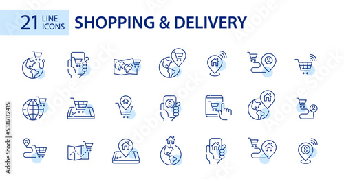 21 online shopping and worldwide home delivery icons. Pixel perfect, editable stroke line art