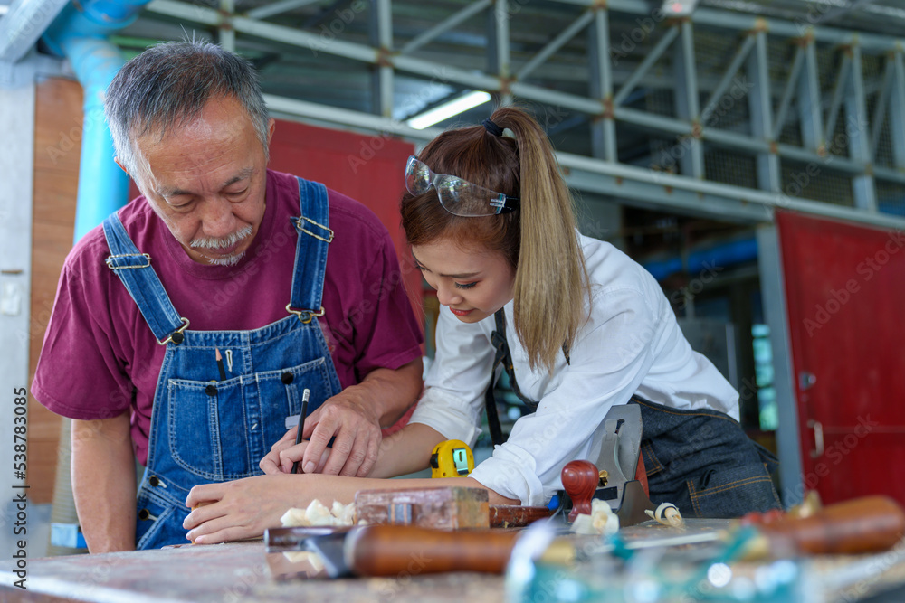 Tutor With Female Carpentry Student In Workshop Studying For Apprenticeship At College ,Teacher explaining a structure students while standing in a woodwork class Tutor With Female Carpentry Student In Workshop Studying For Apprenticeship At College ,Teacher explaining a structure students while standing in a woodwork class
