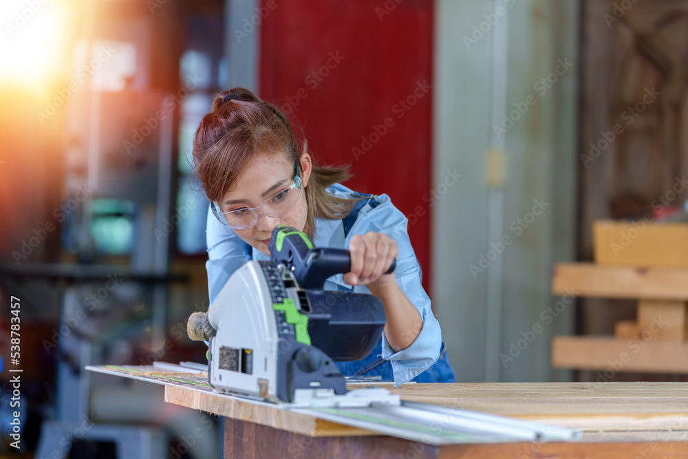 Female Carpentry Student In Workshop Studying For Apprenticeship At College Using Bench Saw Female Carpentry Student In Workshop Studying For Apprenticeship At College Using Bench Saw