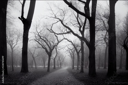 Foggy darkened path leading through the bare trees of a park.