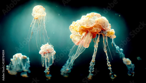 Fantastic jellyfish swimming in the deep sea, Digital art of dancing jellyfish