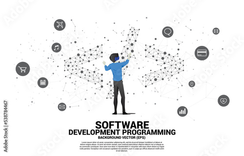 Silhouette man wear VR glasses software development programming tag with polygon dot connect line. Concept of digital virtual reality technology and AR .