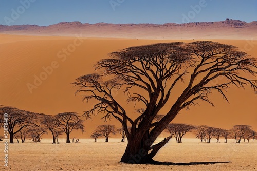 The Valley  famous for the skeletons of dead trees. Africa. Namibia. Hot sunny morning in the Namib desert. Namib Desert is the oldest desert in world.