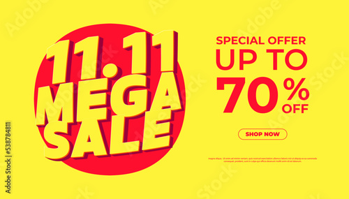 11.11 Mega sale shopping day Poster or banner. Special offer up to 70% off banner template design for social media and website.