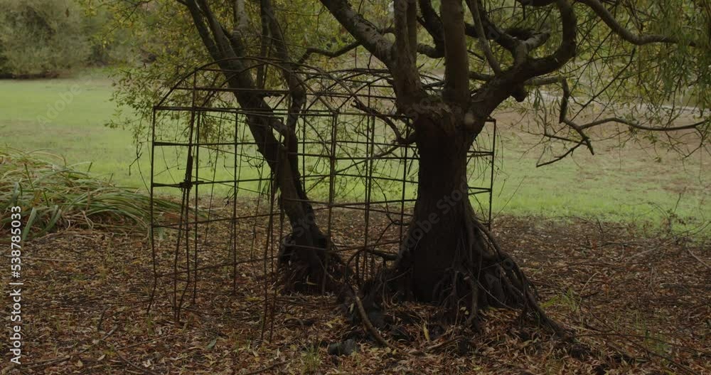 Abandoned metal frame under trees in rural landscape, motion handheld view Abandoned metal frame under trees in rural landscape, motion handheld view