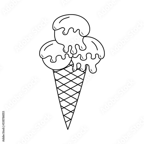 Melting ice cream balls in the waffle cone in doodle style. Black and white vector illustration for coloring book.