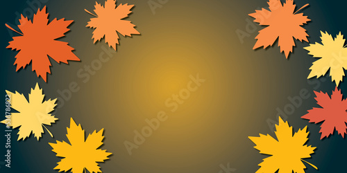Colorful variegated foliage with light on dark background. Autumn or fall leaves and thanksgiving day concept. shadow overlay. copy space for the text. illustration paper cut design style.