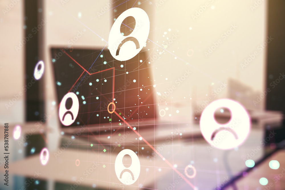 Fototapeta premium Double exposure of social network icons concept with modern laptop on background. Marketing and promotion concept