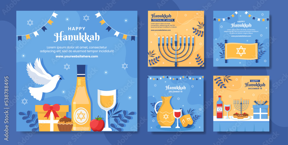 Hanukkah Jewish Holiday Social Media Post Flat Cartoon Hand Drawn Templates Illustration
