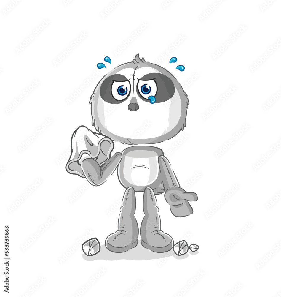 sloth cry with a tissue. cartoon mascot vector