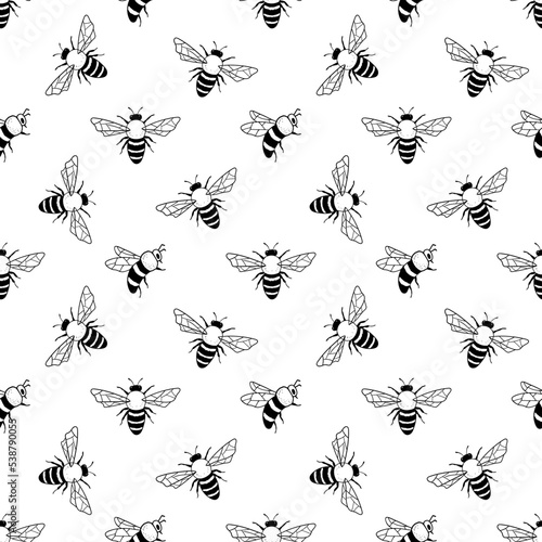 Honey bee or bumble isolated on white. Insect in hand drawn style. Vector monochrome doodle seamless pattern