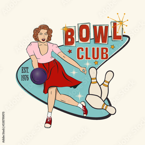 Bowling vintage poster with girl playing bowling in club.