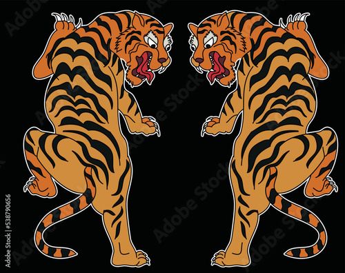 Traditional tiger vector for sticker and tattoo design on isolated background.tiger illustration design for printing on T-shirt.