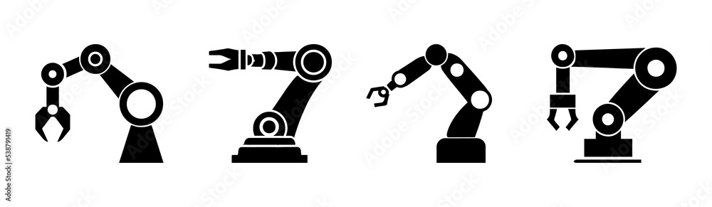 Robotic hand manipulator silhouette symbol icon. Robot limb logo. Robot arm. automation, robot, CNC shape logo. Robotic hand manipulator silhouette symbol icon. Robot limb logo. Robot arm. automation, robot, CNC shape logo.