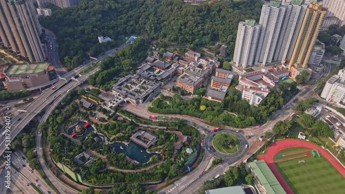 Chinese Temple Chi Lin Nunnery and Nan Lian Garden in Diamond Hill Hong Kong; Aerial Drone
