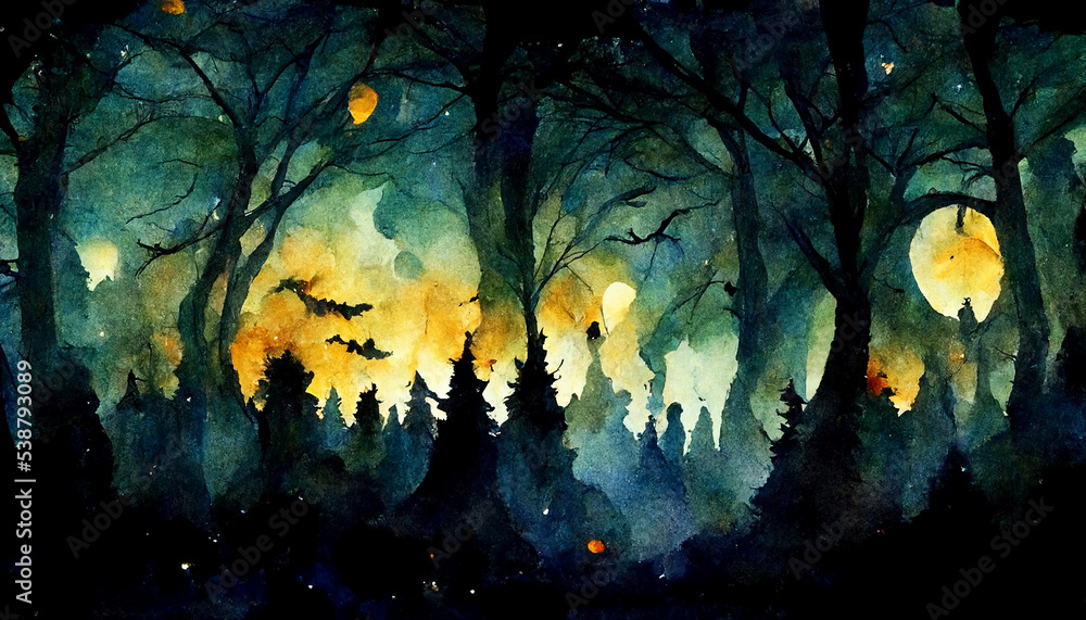 Watercolor painting of Halloween spooky Horror forest, background October 31