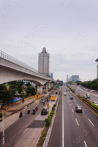 View of Jakarta rush hour traffic in a busy city, urban scenery, Indonesia
