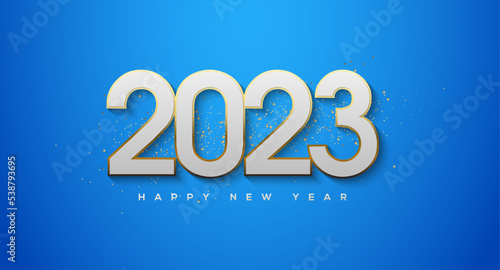 Modern happy new year 2023, with white numbers wrapped in gold.