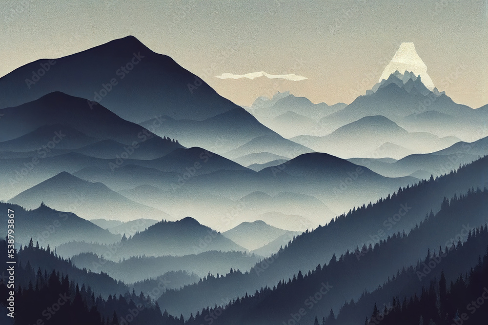 Obraz premium Misty foggy mountain landscape with fir forest and copyspace in vintage retro hipster style