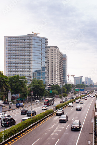 View of Jakarta rush hour traffic in a busy city, urban scenery, Indonesia