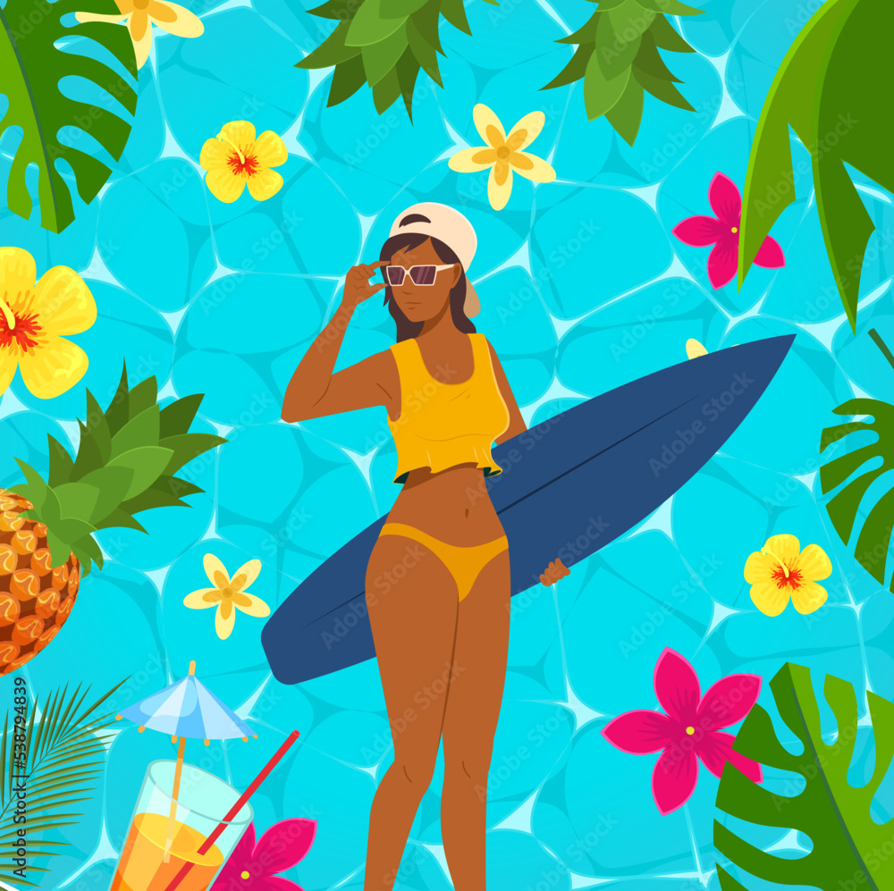 Young woman with surfboard standing on tropical background