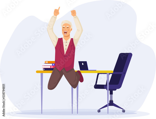 Happy mature businessman jumping pointing with his index finger up
