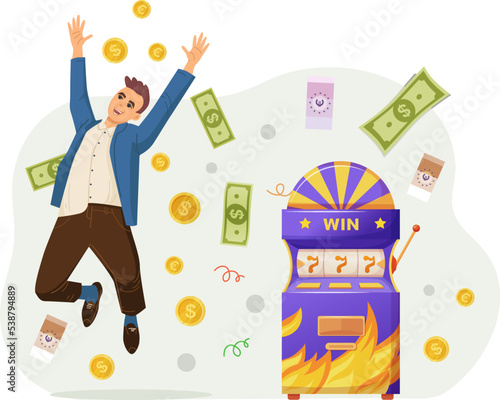 Lucky man jumping celebrating win at slot machine