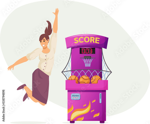 Excited woman happily jumping at basketball slot machine