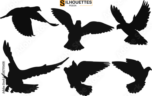 Set of silhouettes of flying birds pigeon silhouettes on  transparent background