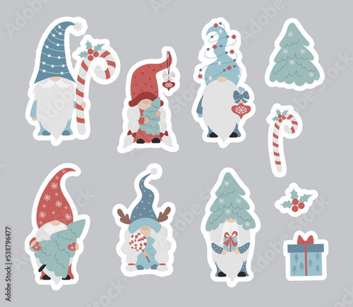 Stickers Christmas family gnomes. Collection Scandinavian gnomes with Christmas tree, caramel stick, gift and New Years gnome girl with lollipop. Vector colorful Isolated Digital Printable Stickers