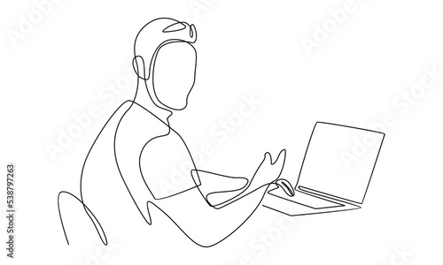 continuous line of man with laptop computer