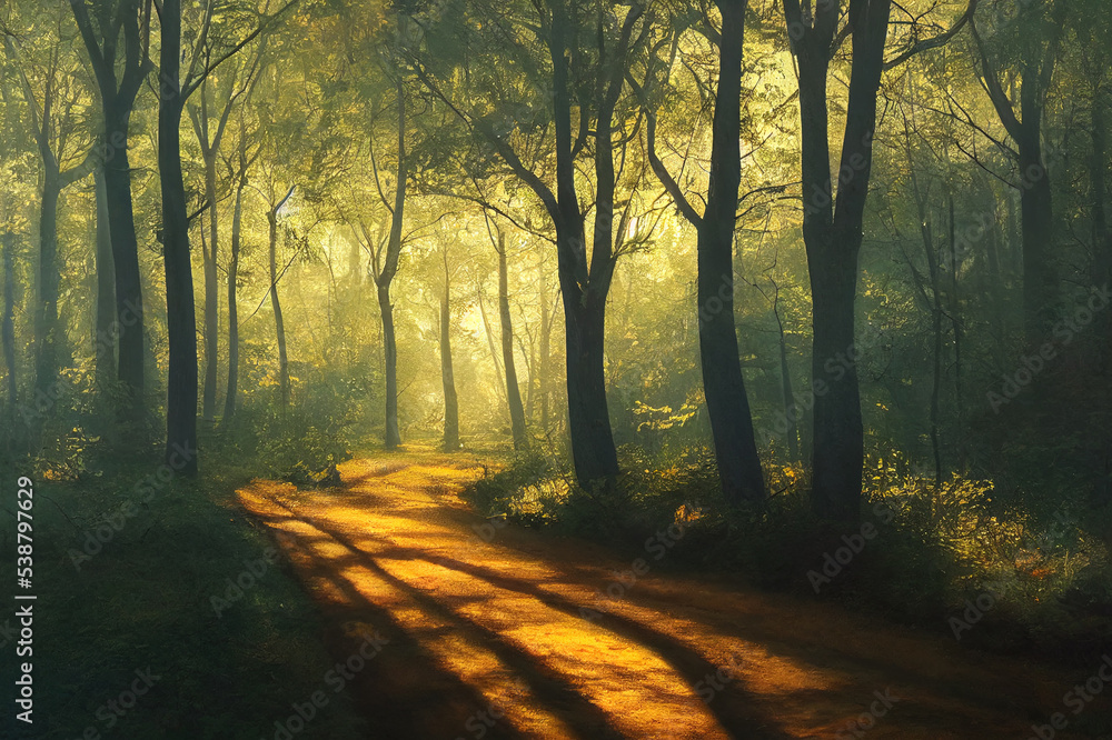 The road in the forest. Sunny morning. Tranquil nature scene.