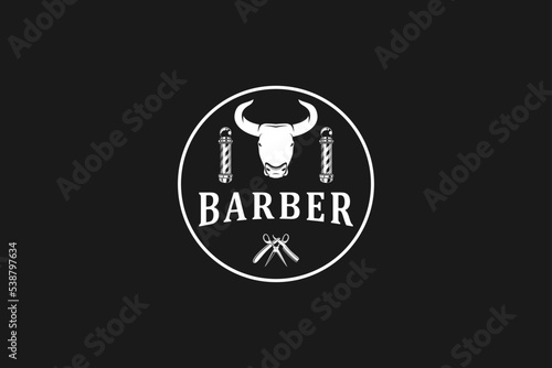 Barbershop logo vintage classic style, salon fashion haircut pomade badge, barber pole razor shave scissor razor blade retro symbol vector cow head skull