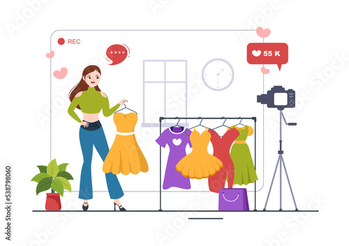 Beauty and Fashion Blog with Bloggers Review Videos of Fashionable Clothes, Cosmetics or Makeup Trends in Cartoon Hand Drawn Template Illustrations