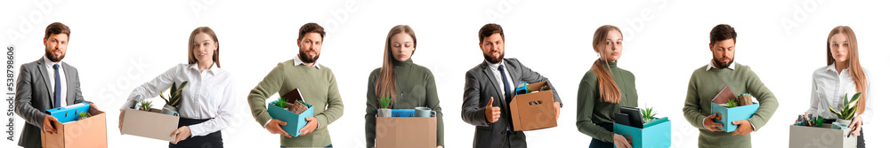 Set of dismissed young people with belongings on white background Set of dismissed young people with belongings on white background