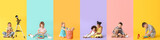 Collage of little children with toys on color background