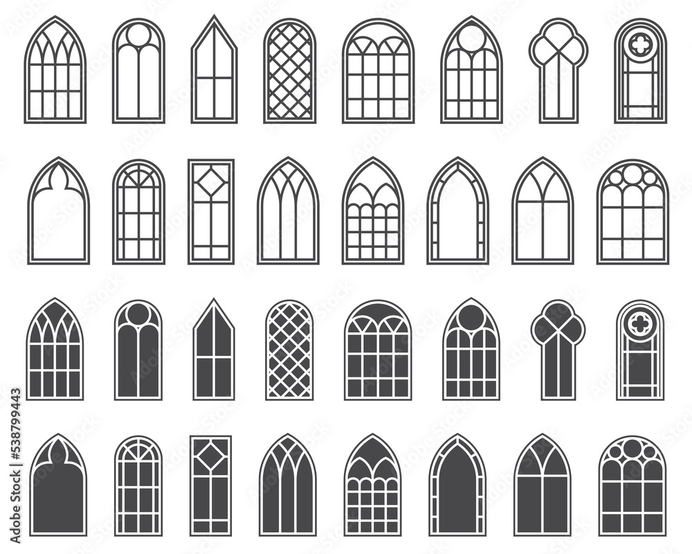 Church windows set. Silhouettes of gothic arches in line and glyph classic style. Old cathedral glass frames. Medieval interior elements. Vector