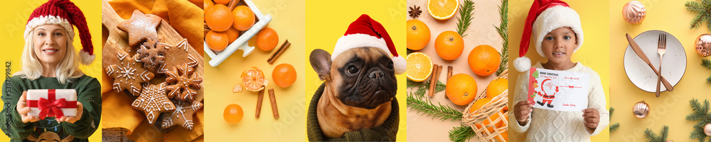 Beautiful collage for Happy New Year and Merry Christmas on yellow background Beautiful collage for Happy New Year and Merry Christmas on yellow background