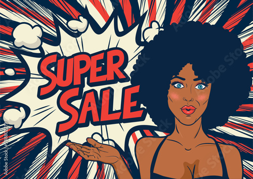 The pop-art face. Sexy surprised black woman with African hair and an open mouth. SALE illustration halftone dot versus comic. Comics book template background. Pop art colorful backdrop.	