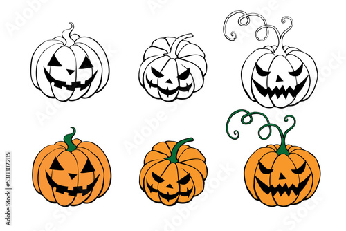Vector set of scary spooky smiling Halloween pumpkins isolated. Jack o Lantern. Two variants - black contour for coloring in doodle style, color flat drawing. Traditional decoration symbol of holiday